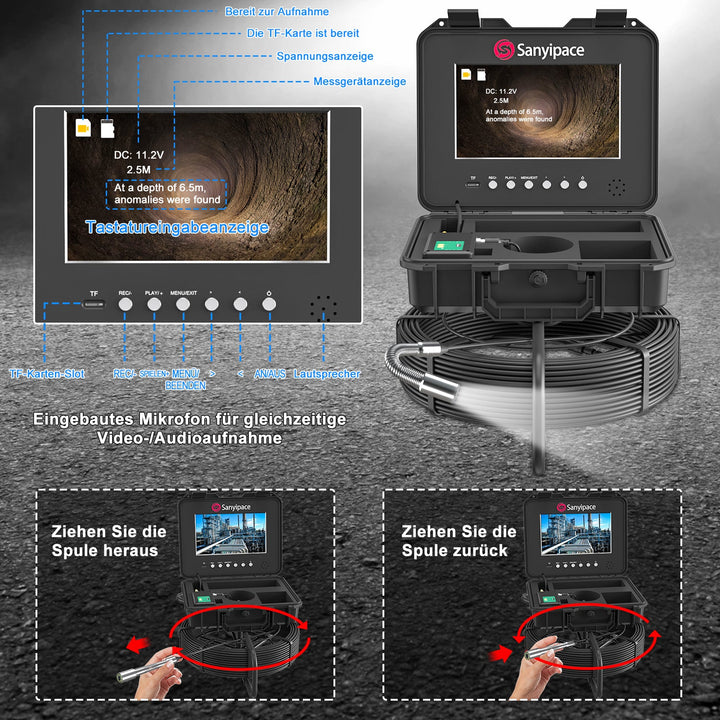 Professionelle Kanal Inspektionskamera mit 512 HZ Sender | Sanyipace F5800ADJKABTX