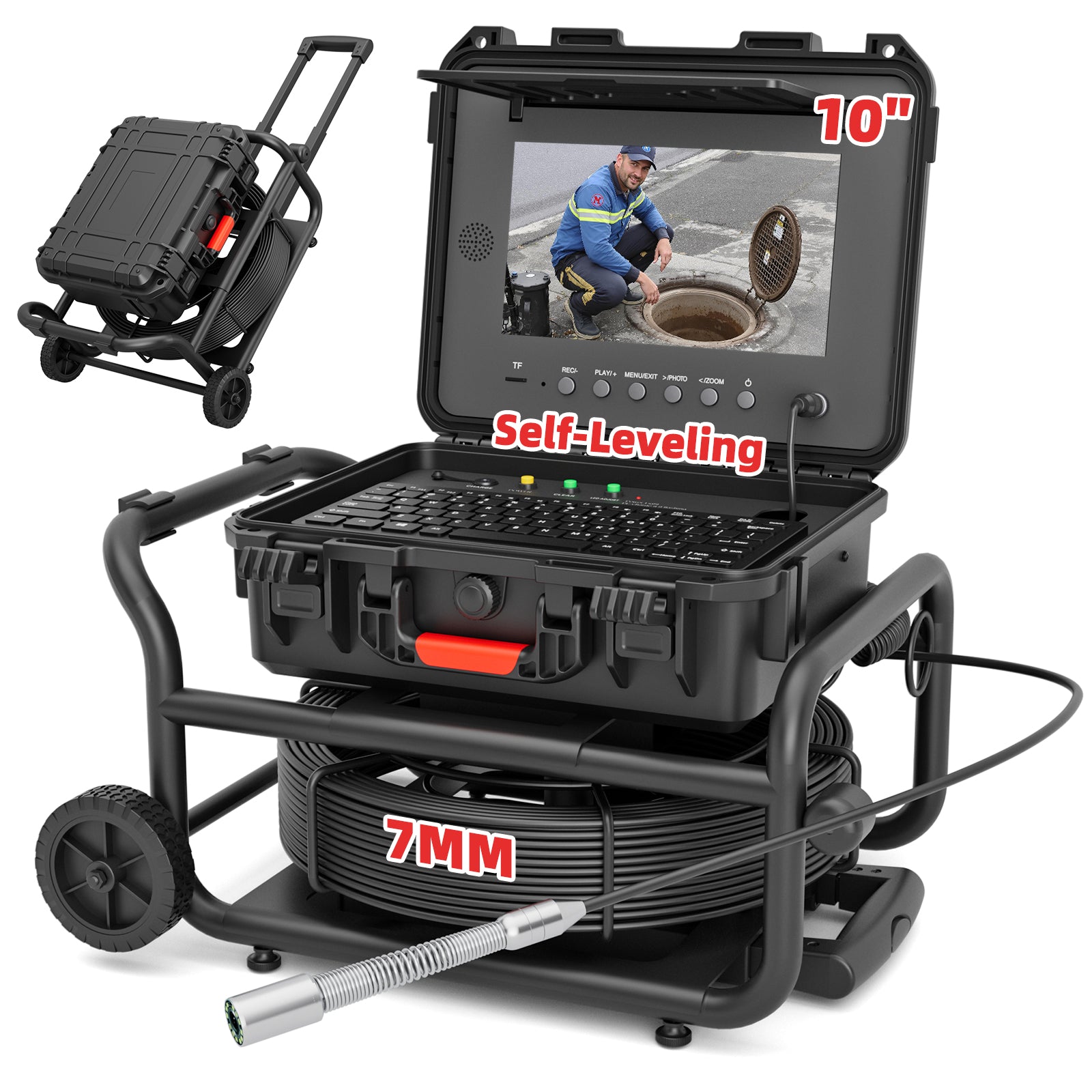 Kanalkamera mit 7mm Spule, Rohrkamera Rohrinspektionskamera mit Leichtgängigem Zuggriff und Rädern | S860DSTKM